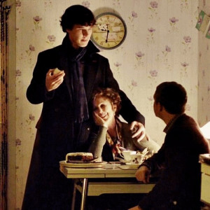 Sherlock BBC: Sherlock Holmes, Mrs. Hudson, and Dr. John Watson. 