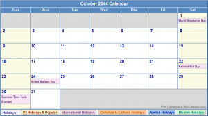 October 2044 Calendar with US, Christian, Jewish, Muslim & Holidays