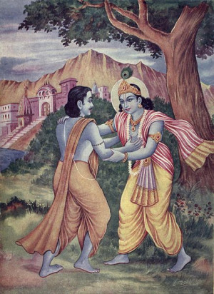 Arjuna_meets_Krishna_at_Prabhasakshetra