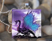 PURPLE DRAGON Fairy Tale Fantasy Gl ass Tile Pendant Necklace Keyring ...