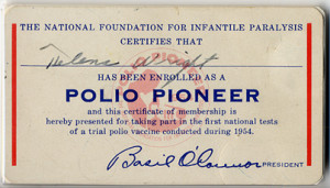 Polio pioneer card stating The National Organization for Infantile ...