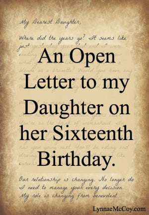 An Open Letter to my Daughter on Her Sixteenth Birthday