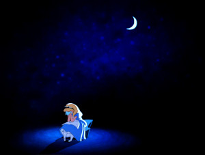 Alice in Wonderland sad under the stars.