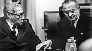 Justice Thurgood Marshall, left, speaks with President Lyndon Johnson ...