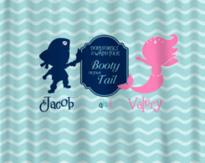 Pirate & Mermaid Shared Shower Curtain -Hot Pink, Navy, Sea Blue and ...