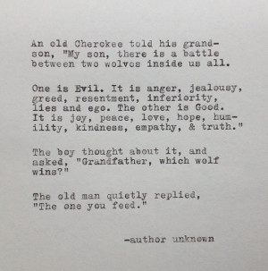 Cherokee Grandfather and Wolf Quote Typed on Typewriter