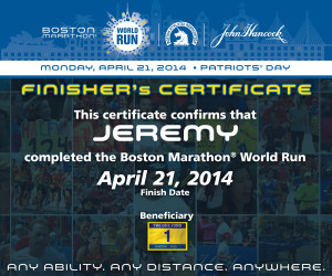 Boston Marathon World Run Finisher certificate