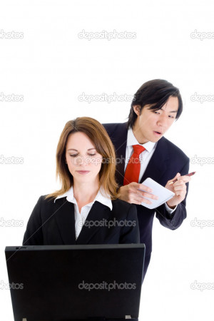 Business Man Cheating Stealing Shoulder Surfing Woman - Stock Image