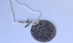 quote necklace, spread your wings, w/bird charm, graduation gift ...