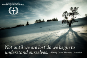 Winter scene with quote by Thoreau - not until we are lost do we begin ...