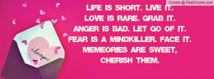 Life is short. Live it.Love is RARE. Grab it.Anger is Bad. Let Go of ...