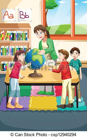 vector illustration of kindergarten teacher and students looking at ...