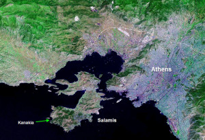 and a satellite map of the island of salamis and the surrounding area ...