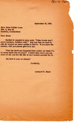 Letter From Leonard Read to Rose Wilder Lane on September 16, 1952