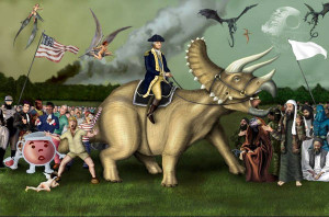 George Washington on a Triceratops commemorates the Battle of Yorktown