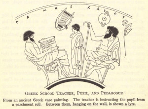 Greek school teacher, pupil, and pedagogue. From an ancient Greek vase ...