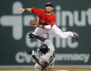 Dustin Pedroia Dustin Pedroia #15 of the Boston Red Sox sends the ball ...