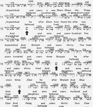 ... Hebrew Masoretic text with added bold arrows to indicated the 