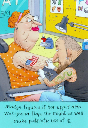 funny old lady flag tattoo waving cartoon comic