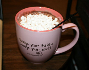cute, hot chocolate, marshmallows, milo, mug, pink, quote, sweet, warm ...