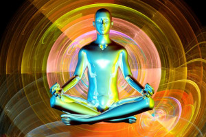 Art - android sitting in lotus position surround by psychedelic images