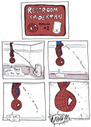 Spider-Man peeing upside down