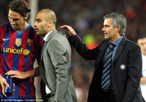 ... Barcelona's coach Josep Guardiola as he talks with Zlatan Ibrahimovic
