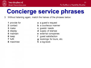 21 Concierge service phrases 3 3Without listening again, match the ...