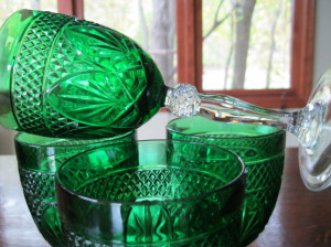 Gothic Emerald Green Clear Stem Wine Goblet Pressed Glass