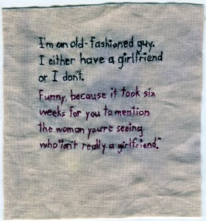 Girlfriend.” 2012. Embroidery on fabric dyed with purple onion skin ...