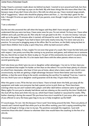 Letter from a volunteer coach...every parent should read. Proud of my ...