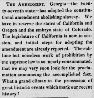 13th Amendment Newspaper Article Lowell Daily Citizen & News 1865