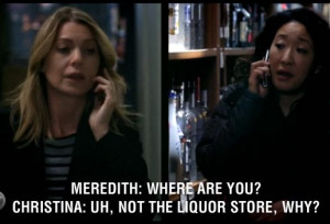 Meredith: Where are you? Cristina: Uh, not the liquor store, why? Grey ...