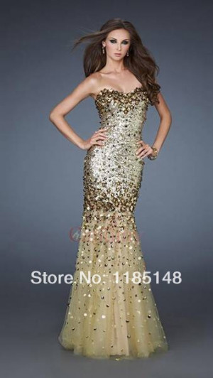 2014 summer fiesta gold crystal sequins mermaid prom dress party dress