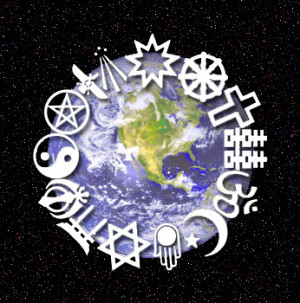 The symbols of fourteen religions are shown. Clockwise from the North ...