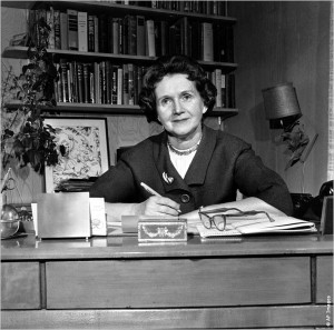 Rachel Carson sitting at desk holding pen (AP Images)