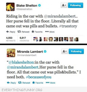 lol miranda lambert blake shelton car purse ride bullets pills