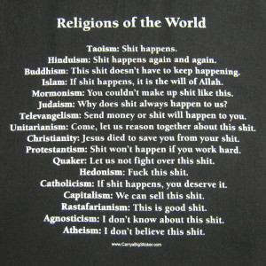 Close up of T-shirt with sayings about various religions' of the world ...