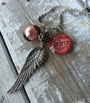 Silver wing charm necklace feather boho jewelry believe quote bohemian ...