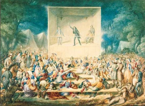 camp meeting of the Second Great Awakening. Painting by J. Maze ...