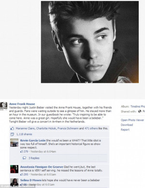 Belieber battle: Hundreds of people left comments on the Anne Frank ...