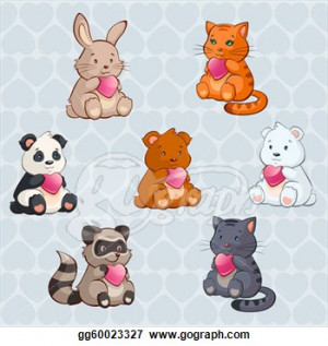 Cute Baby Animals holding Hearts - valentine day illustration in