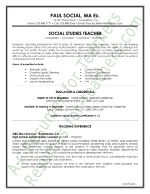 Social Studies Teacher Resume Sample - page 1