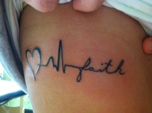 Black Ink Heartbeat With Faith Tattoo On Side Rib