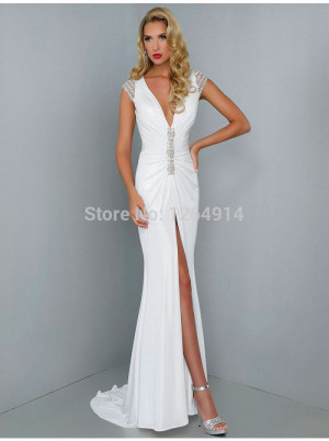 Elegant Long Prom Dresses 2015 V Neck Custom Made Open Back White