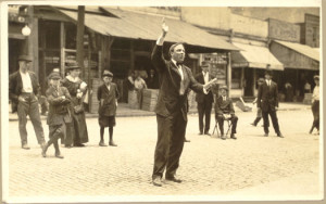 Candid shot of Rader preaching on a street corner, probably in Chicago ...