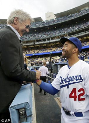 Ford shook hands with star Dodgers player Matt Kemp, who wore Robinson ...