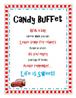 Disney Cars Birthday Party Candy Buffet Sign Printable