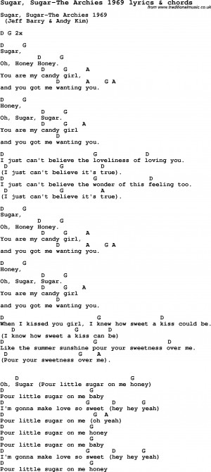 Love Song Lyrics for: Sugar , Sugar -The Archies 1969 with chords.
