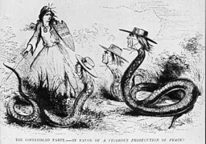 This political cartoon illustrates Republican opnions of Copperheads ...